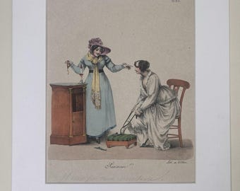 Estampado de moda satírico francés, litografía coloreada a mano de Jean-Gabriel Scheffer, c. 1825