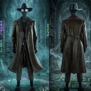 May include: A full-body costume featuring a dark brown trench coat, matching trousers, and a black fedora hat. The ensemble includes a black mask with circular white goggles, black gloves, and black boots, presented in both front and back views.