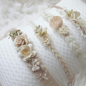 Dainty Beige Cream Newborn Tieback Headband Set for Girls - Neutral Photography Props & Photo Shoot Accessories