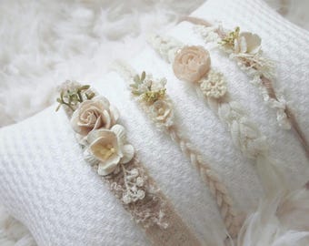 Dainty Beige Cream Newborn Tieback Headband Set for Girls - Neutral Photography Props & Photo Shoot Accessories