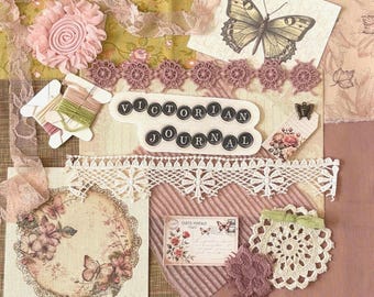 Victorian Slow Stitch Journal Kit, Vintage Ephemera, Trims, Butterfly Charm, Craft Supply