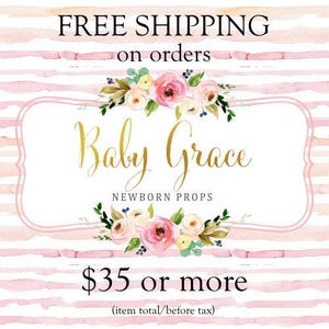 May include: A watercolor design with pink and white stripes and floral accents. The text "Baby Grace Newborn Props" is in gold script. The image also includes the text "FREE SHIPPING on orders".