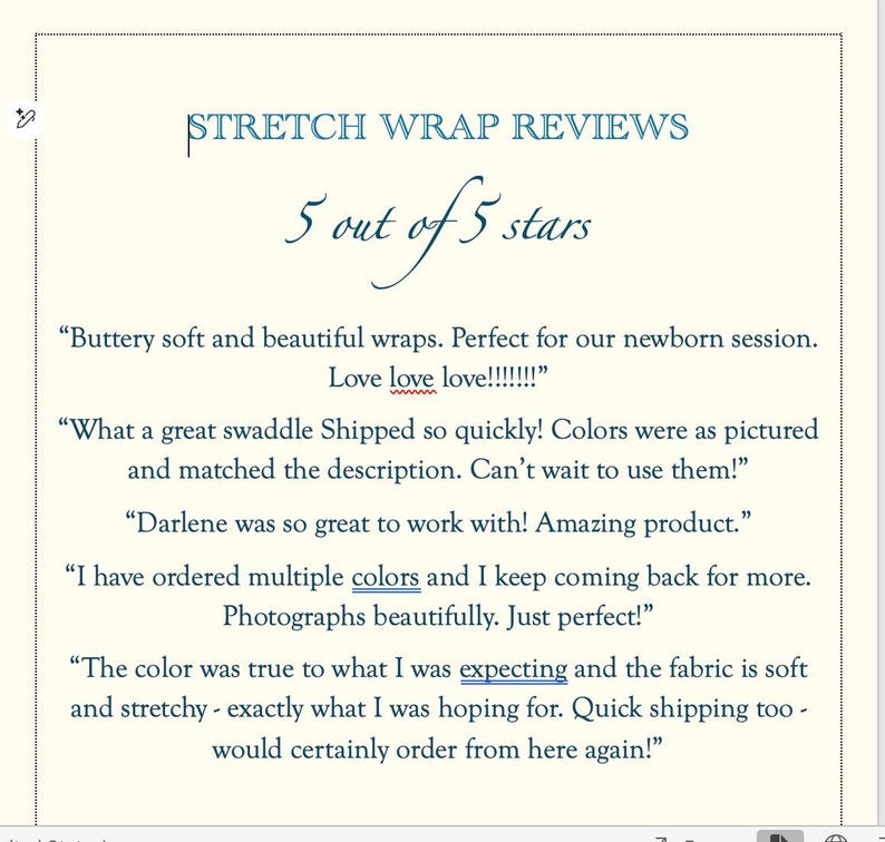May include: Cream-colored page with the text "STRETCH WRAP REVIEWS" and "5 out of 5 stars." Several customer reviews are listed, praising the product's softness, color accuracy, and quick shipping. The reviews mention the product is great for newborn sessions.