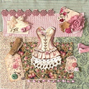 Vintage Corset Slow Stitch Collage Journal Kit - Romantic Floral Ephemera, Fabrics & Trims for Mindful Craft Art