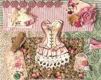 Vintage Corset Slow Stitch Collage Kit – Romantic Floral Fabric Art Supplies