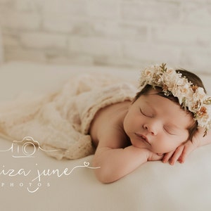 Newborn headband for Photography Newborn Halo Tieback Newborn Photo Prop Floral Crown Baby Floral Headband Newborn Props Flower Headpiece image 1