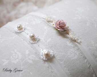 Newborn Silk and Pearl Headband, Newborn Tieback, Dainty Headband, White Ivory Headband, Newborn Girl, Newborn Headband