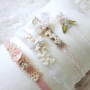 Delicate Velvet, Silk, Lace & Pearl Tiebacks, Handmade Newborn Photo Props, Baby Girl Headband Set