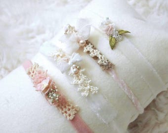 Delicate Velvet, Silk, Lace & Pearl Tiebacks, Handmade Newborn Photo Props, Baby Girl Headband Set
