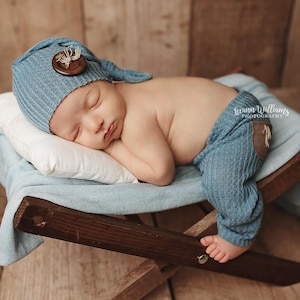 Blue Newborn Photo Outfit: Waffle Knit Hat & Pants Set - Baby Grace