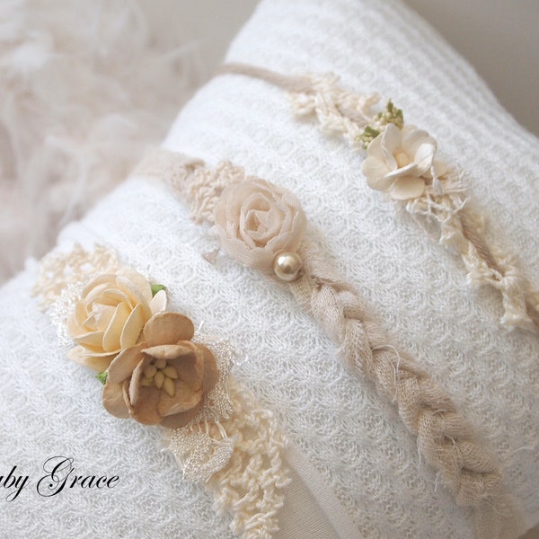 Beige Cream Newborn Headband Set, Newborn Tieback Headbands, Dainty Headbands, Newborn Girl, Newborn Photo Prop, Photography Props