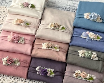 Newborn Photography Headband Prop Set: Handmade Floral Tiebacks & Stretch Wrap Outfit for Photo Session