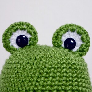 May include: Green crocheted frog hat with white and blue eyes.