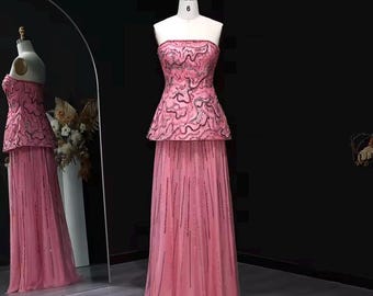 Hand-Embellished Sequin Peplum Gown – Strapless Tulle Formal Dress