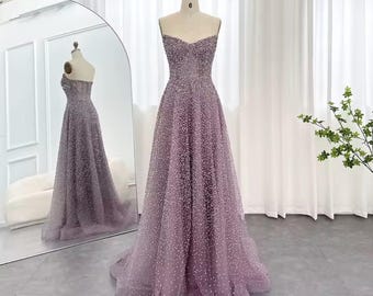 Sparkly Mauve Sweetheart Abendkleid, Handperlenbesetztes A-Line Abendkleid, Luxus Pailletten-Hochzeitsgastkleid, Glitzerndes formelles Partykleid.