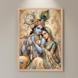 Radha Krishna Poster, spirituelle indische Dekoration, traditionelle Hinduistische Wandkunst, Haustempeldekor Bild 2