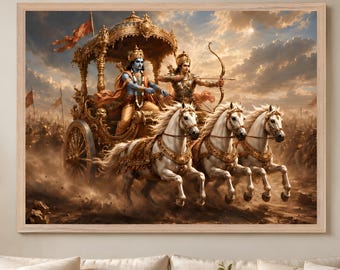 Lord Krishna Arjuna Chariot Poster | Mahabharata Wandkunst | Bhagavad Gita Krishna Kunstdruck | Hinduistische Mythologie Dekor | Spirituelle Kunst