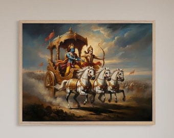 Lord Krishna Arjuna Chariot Poster | Mahabharata Wall Art | Bhagavad Gita Krishna Art Print | Hindu Mythology Decor | Spiritual Indian Art