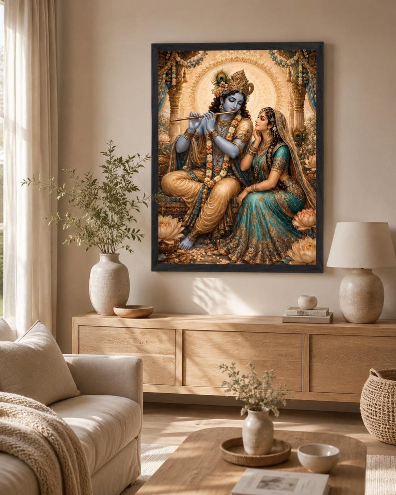 May include: A framed wall art print depicting the Hindu deities Krishna and Radha. Krishna has blue skin, wears gold jewelry, and plays a wooden flute. Radha sits beside him in a teal and gold sari. The scene features lotus flowers and a golden halo.