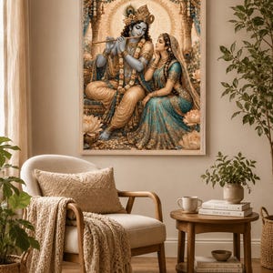 May include: A framed wall art print depicting the Hindu deities Krishna and Radha. Krishna, with blue skin, plays a wooden flute while seated beside Radha, who wears a teal and gold sari. The scene is set within an ornate, golden architectural archway.