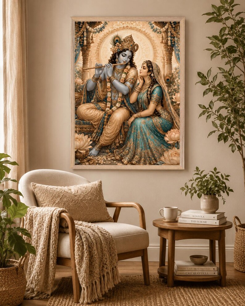 May include: A framed wall art print depicting the Hindu deities Krishna and Radha. Krishna, with blue skin, plays a wooden flute while seated beside Radha, who wears a teal and gold sari. The scene is set within an ornate, golden architectural archway.