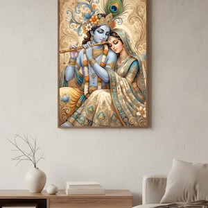 Radha Krishna Poster, spirituelle indische Dekoration, traditionelle Hinduistische Wandkunst, Haustempeldekor Bild 5