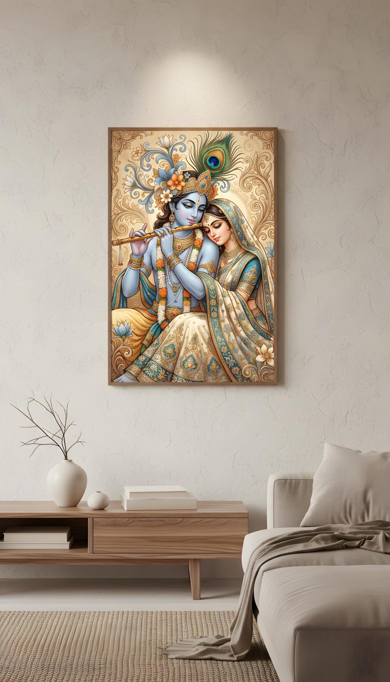 Radha Krishna Poster, spirituelle indische Dekoration, traditionelle Hinduistische Wandkunst, Haustempeldekor Bild 5