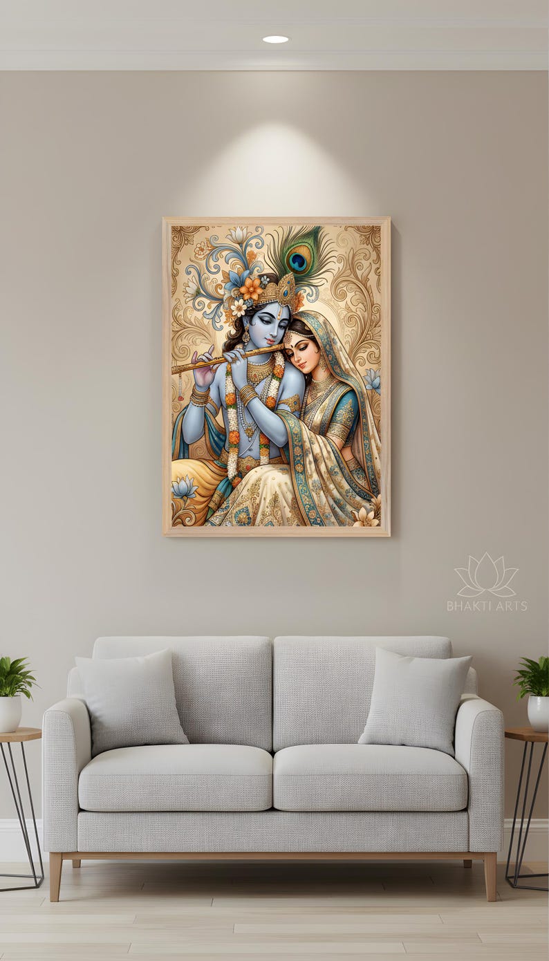 Radha Krishna Poster, spirituelle indische Dekoration, traditionelle Hinduistische Wandkunst, Haustempeldekor Bild 2