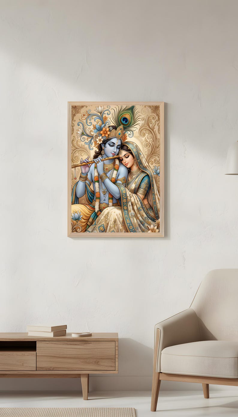Radha Krishna Poster, spirituelle indische Dekoration, traditionelle Hinduistische Wandkunst, Haustempeldekor Bild 16
