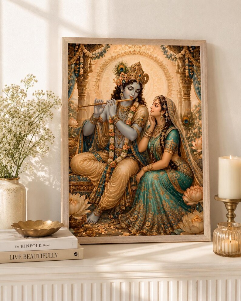 May include: A framed wall art print depicting Krishna playing a golden flute while seated beside Radha. The figures are adorned in intricate gold and teal garments, jewelry, and floral garlands, set against a backdrop of ornate pillars and lotus flowers.
