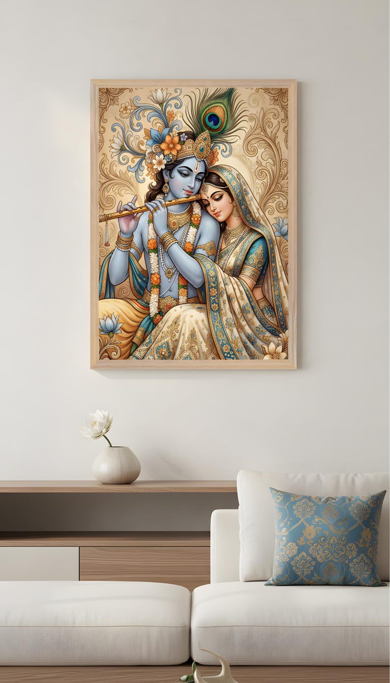 Radha Krishna Poster, spirituelle indische Dekoration, traditionelle Hinduistische Wandkunst, Haustempeldekor Bild 15