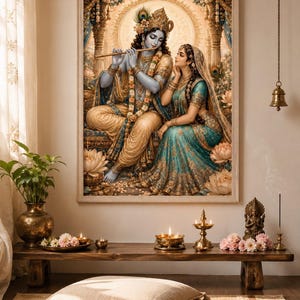 May include: A framed wall art print depicting the Hindu deities Krishna and Radha. Krishna, with blue skin, plays a golden flute while seated beside Radha, who wears a teal and gold sari. The scene is set within an ornate, glowing architectural archway.