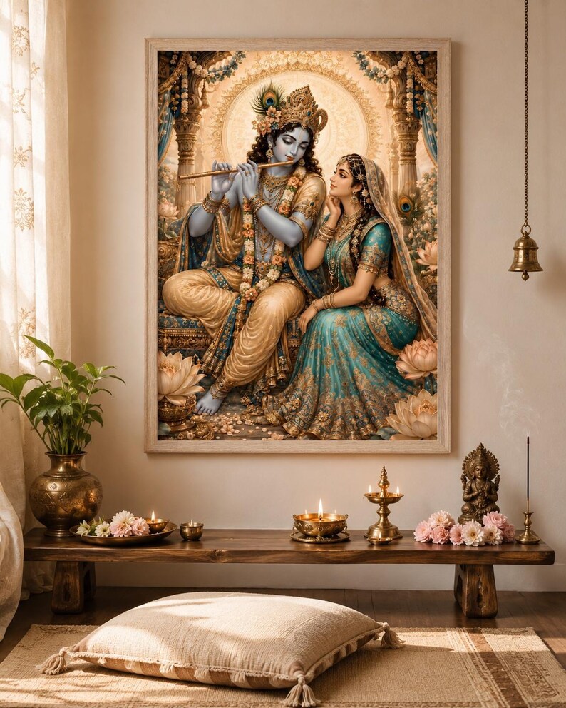 May include: A framed wall art print depicting the Hindu deities Krishna and Radha. Krishna, with blue skin, plays a golden flute while seated beside Radha, who wears a teal and gold sari. The scene is set within an ornate, glowing architectural archway.
