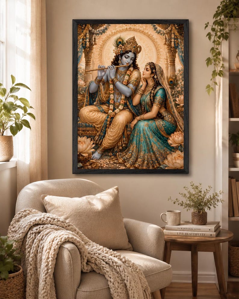 May include: A framed wall art print depicting the Hindu deities Krishna and Radha. Krishna, with blue skin, plays a golden flute while seated. Radha, in a teal and gold sari, sits beside him. The scene features lotus flowers and ornate pillars.