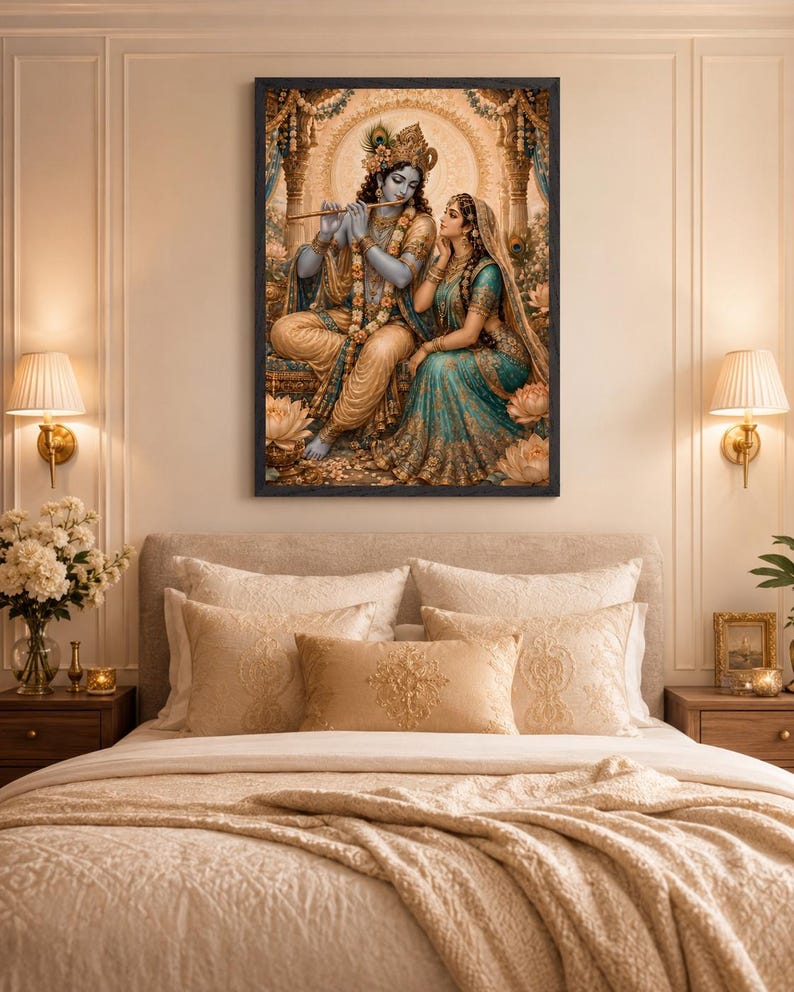 May include: A framed wall art print depicting a blue-skinned deity playing a flute while seated beside a woman in a teal and gold sari. The scene features ornate jewelry, peacock feathers, and lotus flowers set against a glowing golden background.