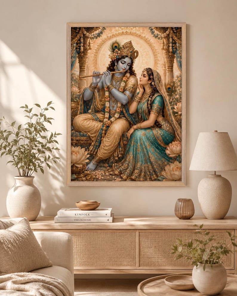 May include: A framed wall art print depicting a blue-skinned deity playing a golden flute while seated beside a woman in a teal and gold sari. The scene is set within an ornate architectural space adorned with lotus flowers and a glowing halo.