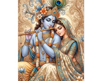 Radha Krishna Poster, Spiritual Indian Decor, Traditional Hindu Wall Art, Home Temple Decor