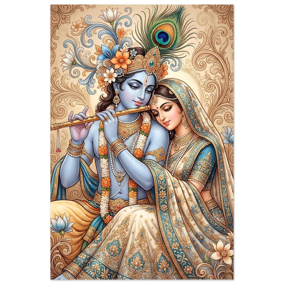 Radha Krishna Poster, Spiritual Indian Decor, Traditional Hindu Wall Art, Home Temple Decor