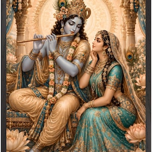 May include: A framed wall art print depicting a blue-skinned deity playing a golden flute, adorned with a peacock feather crown and floral garlands, seated beside a woman in a teal and gold embroidered sari, surrounded by blooming lotus flowers.