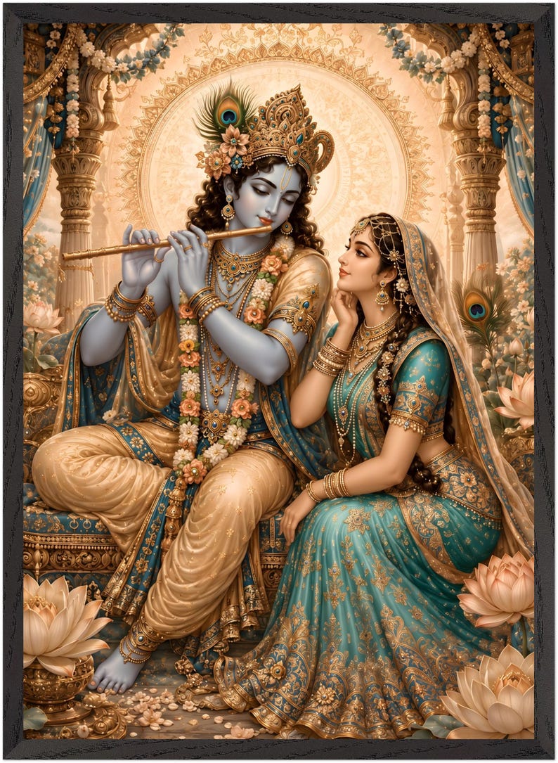 May include: A framed wall art print depicting a blue-skinned deity playing a golden flute, adorned with a peacock feather crown and floral garlands, seated beside a woman in a teal and gold embroidered sari, surrounded by blooming lotus flowers.