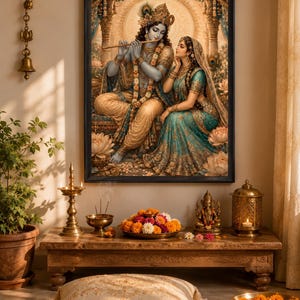 May include: A framed wall art print depicting the Hindu deities Krishna and Radha. Krishna, with blue skin, plays a golden flute while seated beside Radha, who wears a teal and gold sari. The scene is set within an ornate, warm-toned architectural archway.