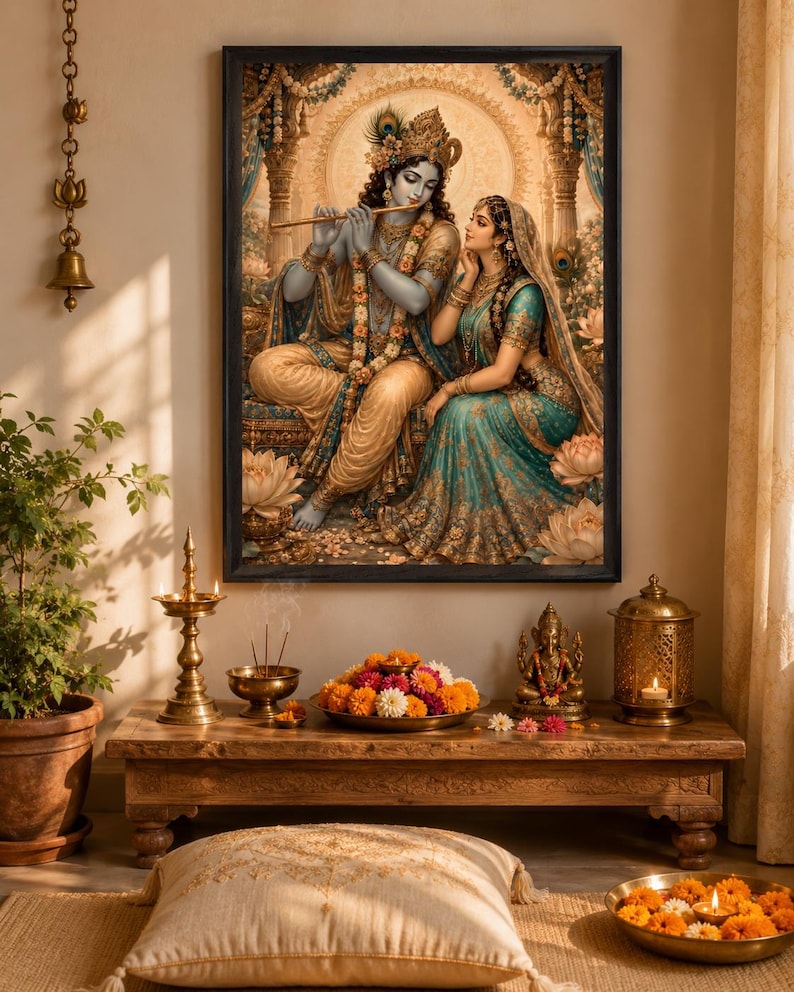 May include: A framed wall art print depicting the Hindu deities Krishna and Radha. Krishna, with blue skin, plays a golden flute while seated beside Radha, who wears a teal and gold sari. The scene is set within an ornate, warm-toned architectural archway.