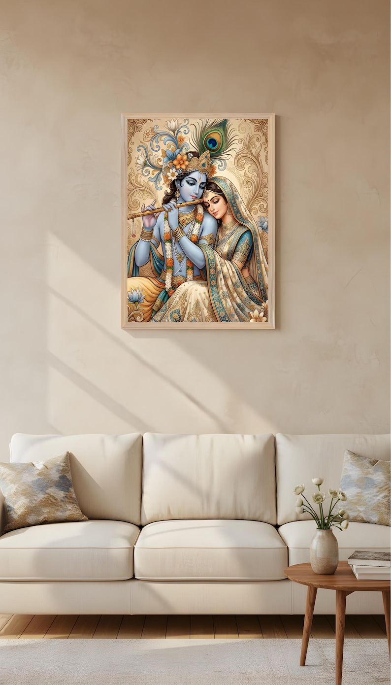Radha Krishna Poster, spirituelle indische Dekoration, traditionelle Hinduistische Wandkunst, Haustempeldekor Bild 11