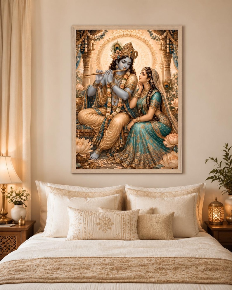 May include: A framed wall art print depicting a blue-skinned deity playing a golden flute while seated beside a woman in a teal and gold sari. They are surrounded by lotus flowers and ornate architectural pillars in a warm, golden-toned setting.