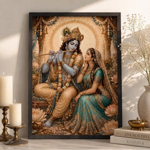 May include: A framed wall art print depicting a blue-skinned deity playing a golden flute while seated beside a woman in a teal and gold sari. The scene features ornate architectural pillars, lotus flowers, and a peacock feather in the deity's crown.