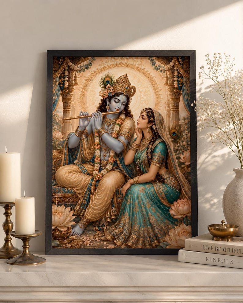 May include: A framed wall art print depicting a blue-skinned deity playing a golden flute while seated beside a woman in a teal and gold sari. The scene features ornate architectural pillars, lotus flowers, and a peacock feather in the deity's crown.