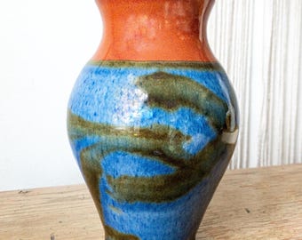 Vintage Studio Pottery Vase, Blue and Rust Glazed Ceramic Vessel, Artisan Stoneware for Rustic Natural Home Decor