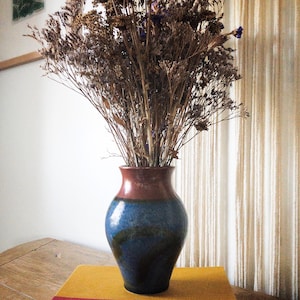 Vintage Studio Pottery Vase, Blue and Rust Glazed Ceramic Vessel, Vintage Artisan Stoneware for Rustic Natural Home Decor
