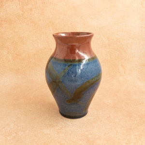 Vaso in ceramica vintage, vaso in ceramica smaltata blu e ruggine, gres artigianale vintage per un arredamento rustico e naturale.
