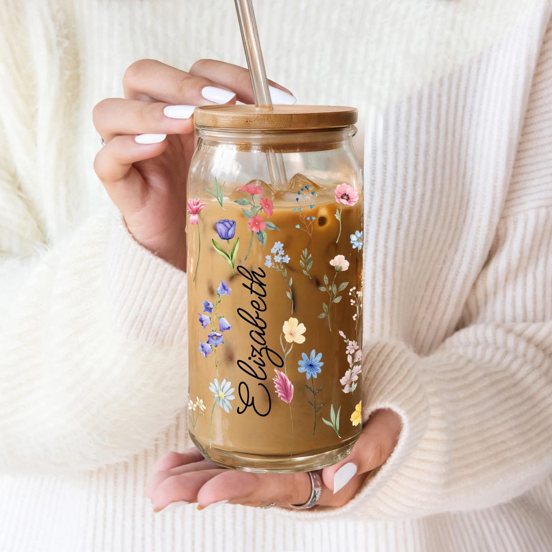 Personalized Iced Coffee Cup Floral Shell, Christmas Glass Cup, Custom ...